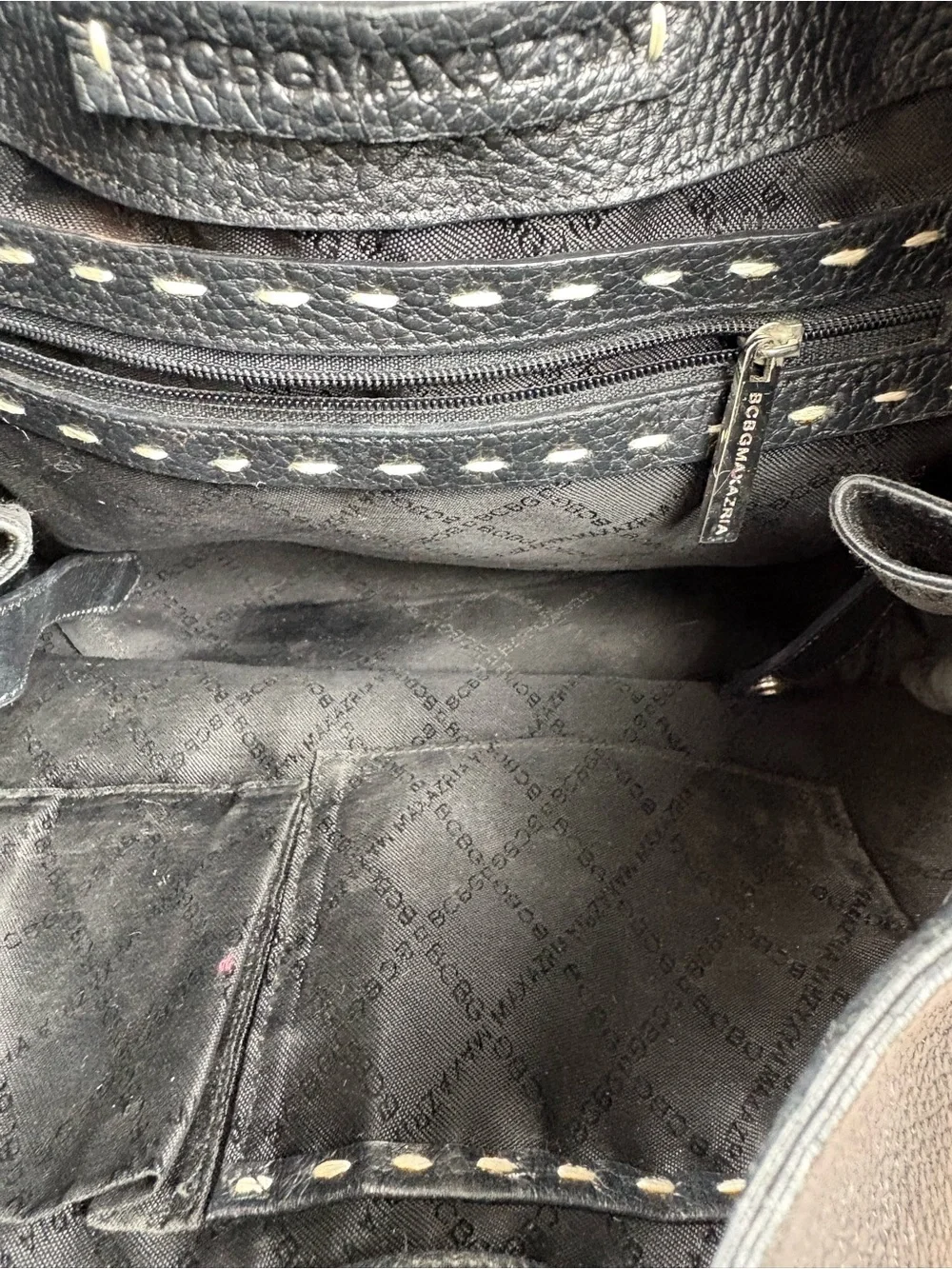 BCBGMAXAZRIA Black Pebbled Leather Hobo Bag Whipstitch Vintage